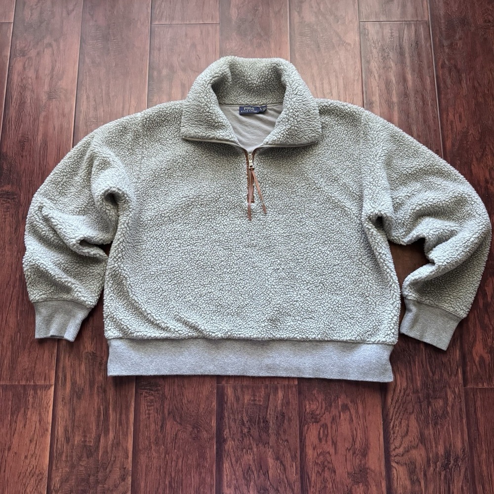 Polo Ralph Lauren Womens Sherpa Fleece Pullover XL Gray Cozy Winter Cabincore